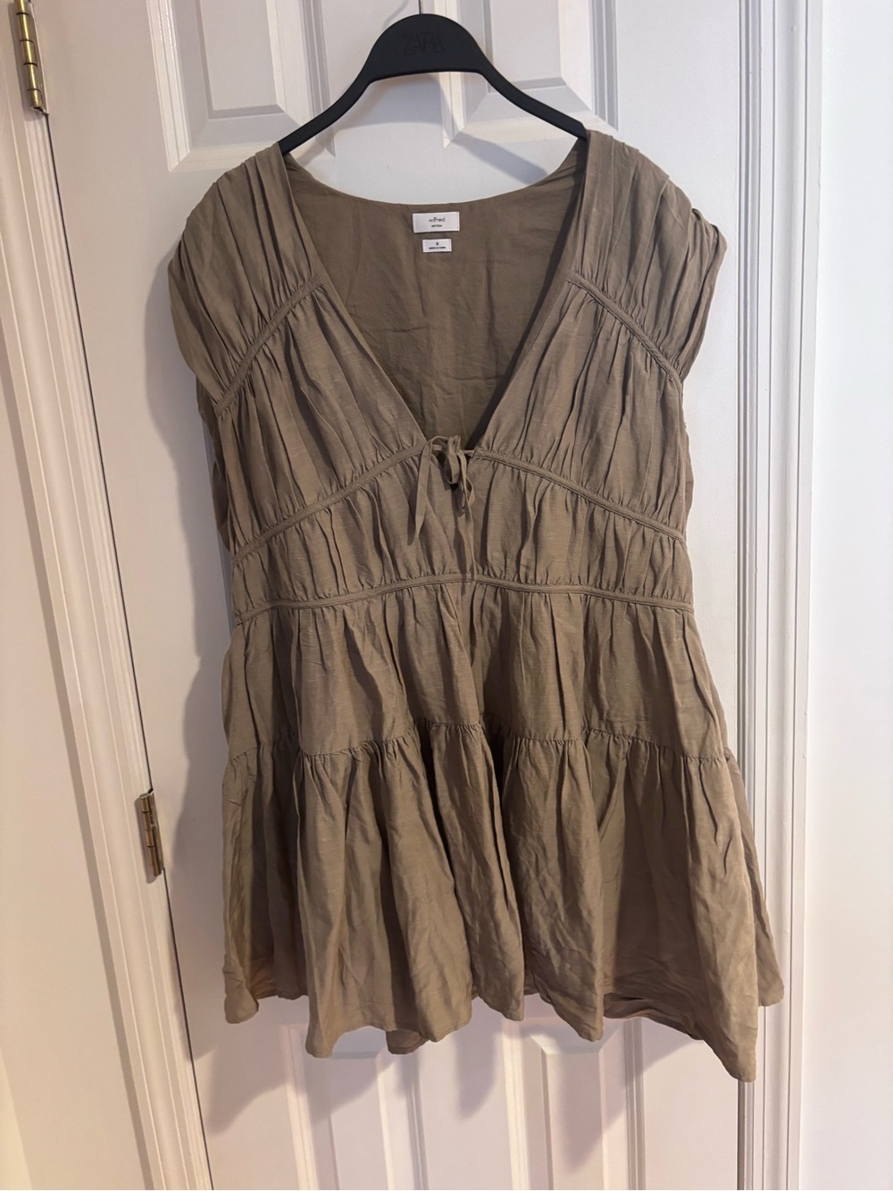 Aritzia Wilfred Olive Tiered V-Neck Mini Dress